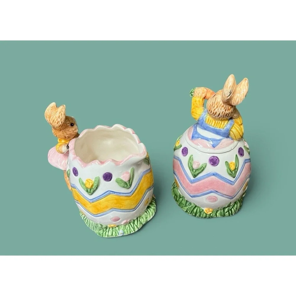 Fitz & Floyd Omnibus Egg-Spress Bunny Rabbit Creamer And Sugar Bowl Spring‎ READ